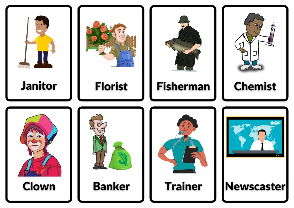 Final set of occupation cards: janitor, florist, fisherman, chemist, clown, banker, trainer and newscaster with pictures