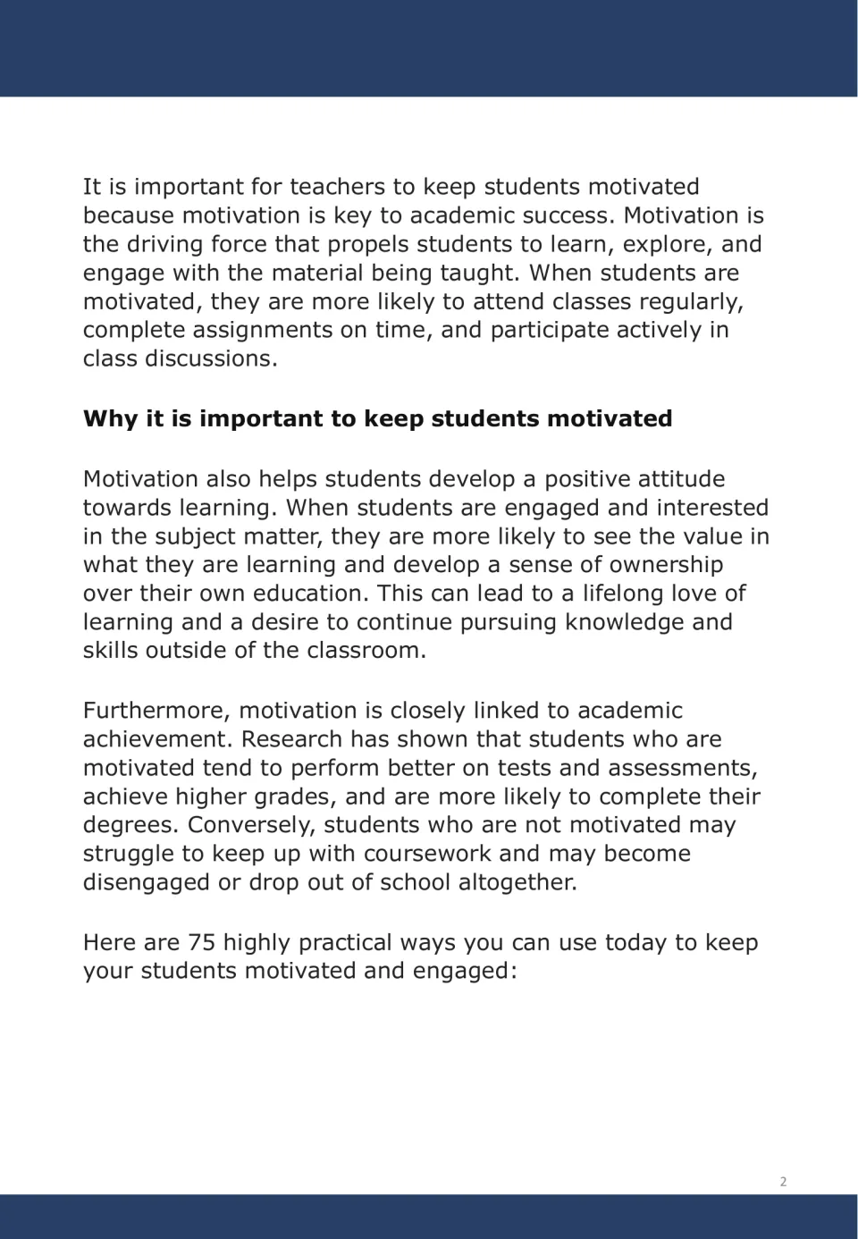 Introduction to the motivation guide explains links to participation, ownership of learning, and achievement