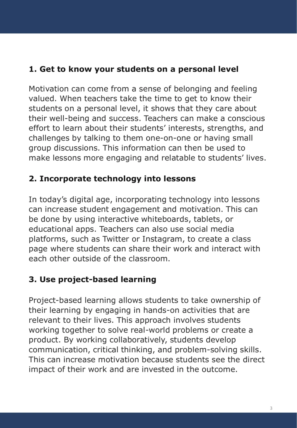 Motivation strategies 1–3: know students personally, incorporate technology, and use project-based learning