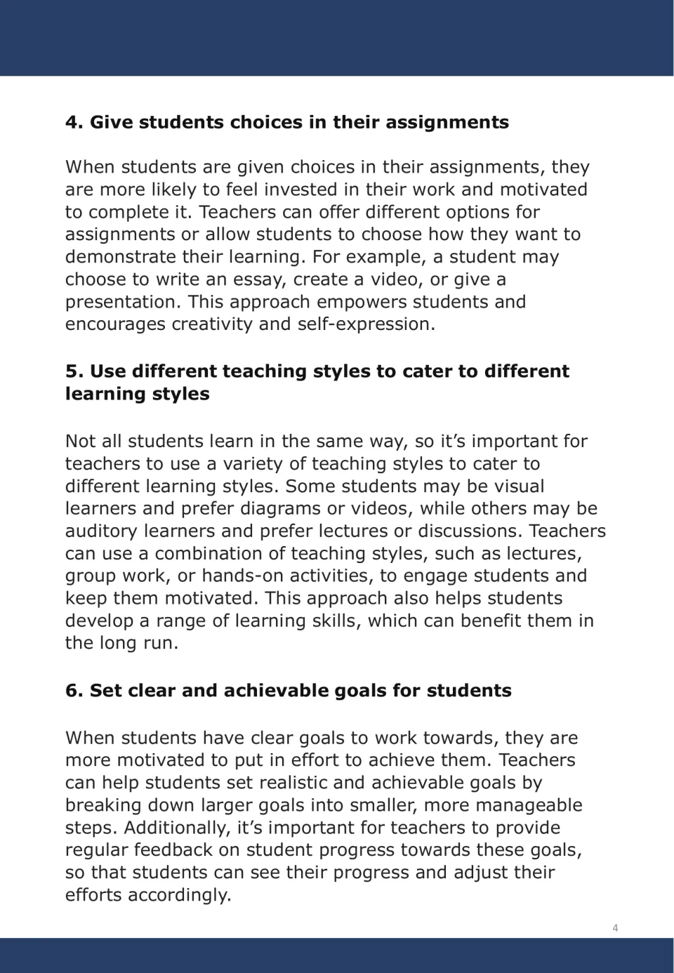 Motivation strategies 4–6: offer assignment choices, vary teaching styles, and set clear, achievable goals