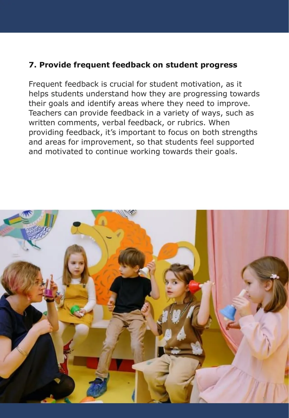 Motivation strategy 7 explains frequent feedback on student progress through comments, conversations, and rubrics