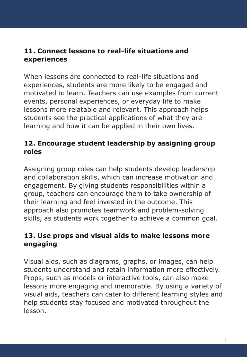 Motivation strategies 11–13: connect lessons to real life, assign group roles, and use props and visual aids