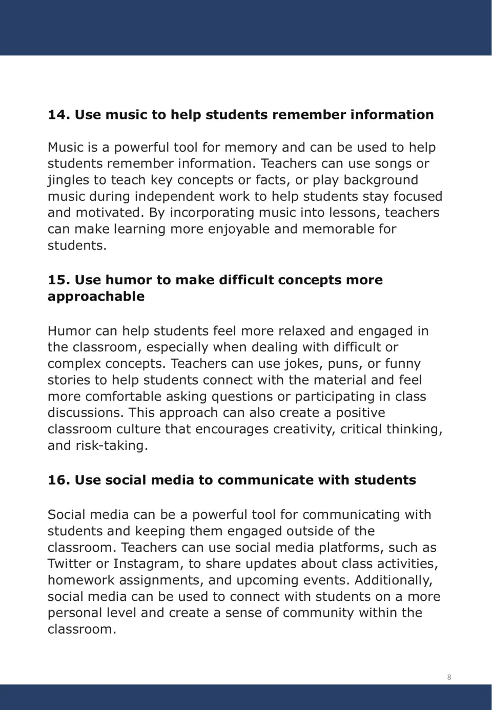 Motivation strategies 14–16: use music for memory, humor for difficult concepts, and social media to communicate