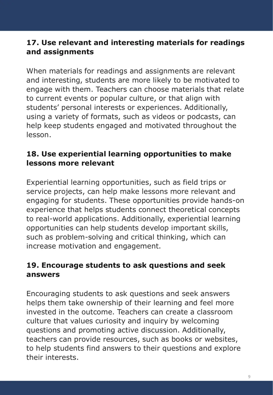 Motivation strategies 17–19: choose relevant materials, offer experiential learning, and encourage questions