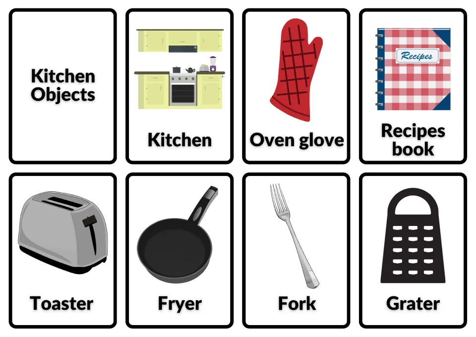 Kitchen vocabulary title card and seven picture cards: kitchen, oven glove, toaster, fork and three more