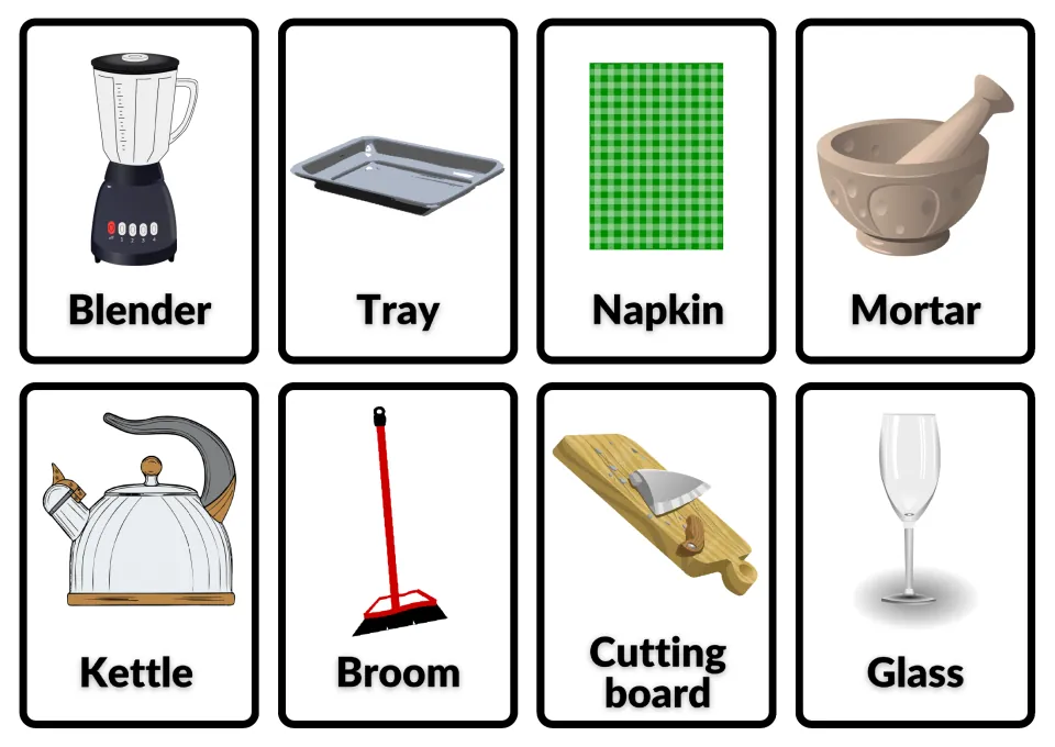 Kitchen vocabulary cards 8–15: blender, tray, napkin, mortar, kettle, broom, cutting board and glass