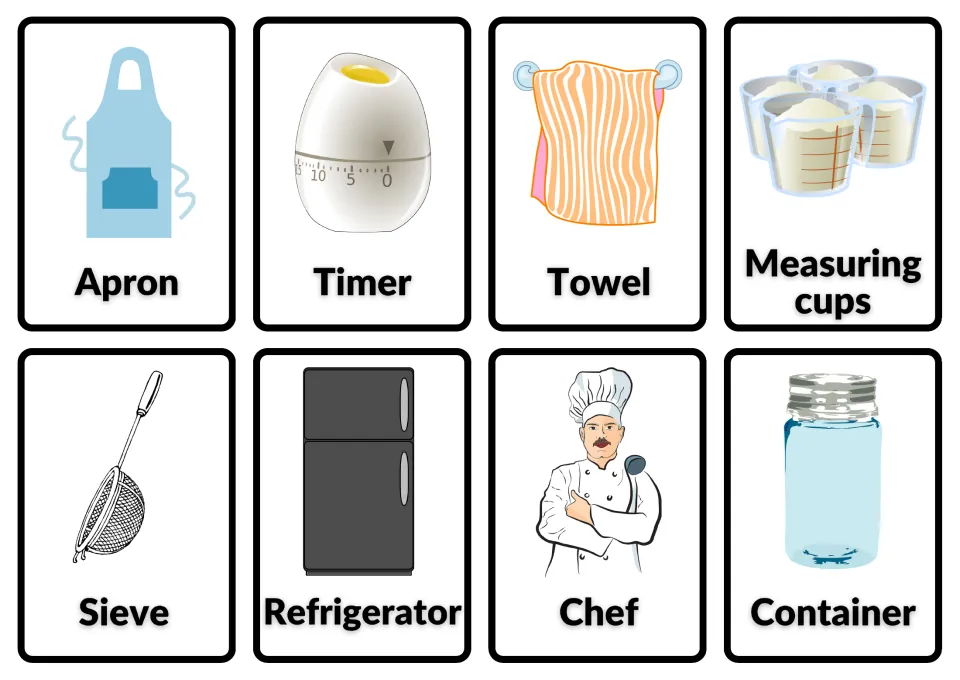 Kitchen vocabulary cards 16–23: apron, timer, towel, measuring cups, sieve, refrigerator, chef and container