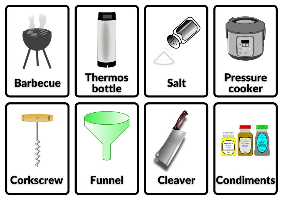 Kitchen vocabulary cards 24–31: barbecue, thermos bottle, salt, pressure cooker and four more pictured items