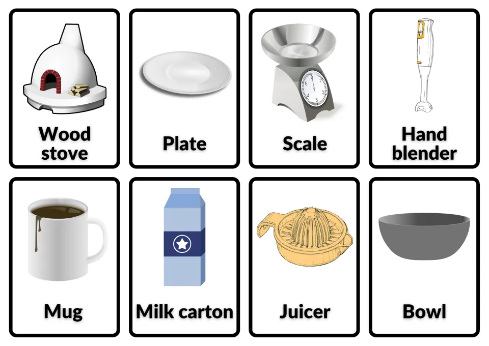 Kitchen vocabulary cards 32–39: wood stove, plate, scale, hand blender, mug, milk carton, juicer and bowl