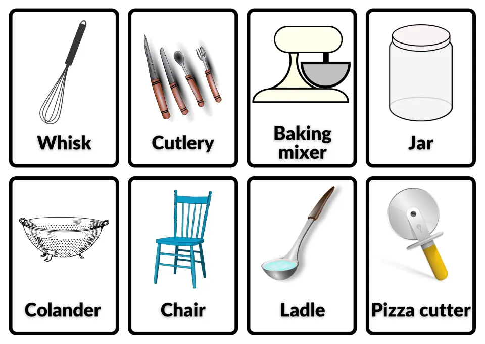 Kitchen vocabulary cards 40–47: whisk, cutlery, baking mixer, jar, colander, chair, ladle and pizza cutter
