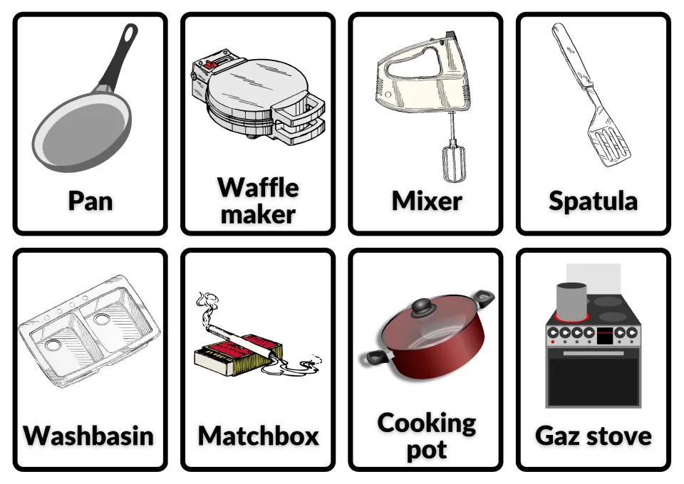 Kitchen vocabulary cards 48–55: pan, waffle maker, mixer, spatula and four more illustrated kitchen items