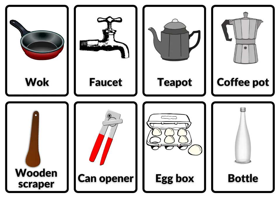 Kitchen vocabulary cards 56–63: wok, faucet, teapot, coffee pot, wooden scraper, can opener, egg box and bottle