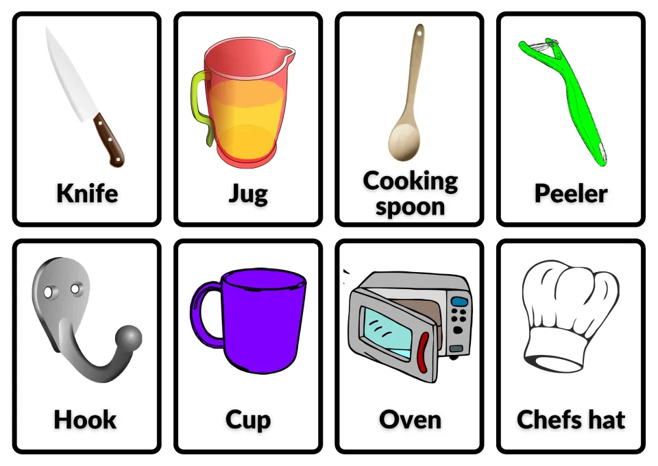 Kitchen vocabulary cards 64–71: knife, jug, cooking spoon, peeler and four more illustrated vocabulary words