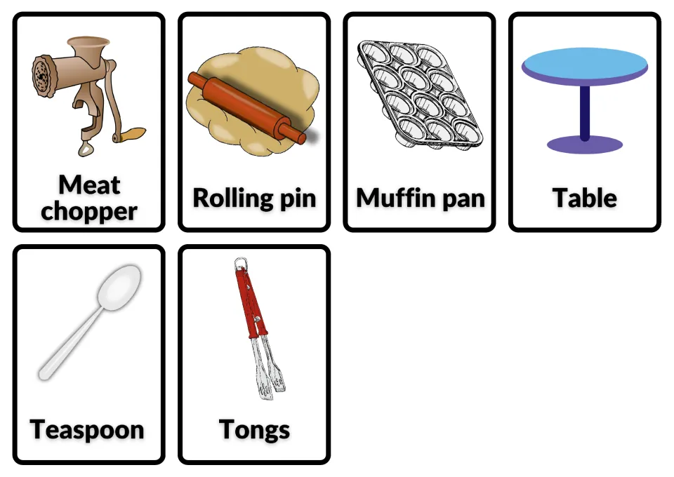 Kitchen vocabulary cards 72–77: meat chopper, rolling pin, muffin pan, table, teaspoon and tongs