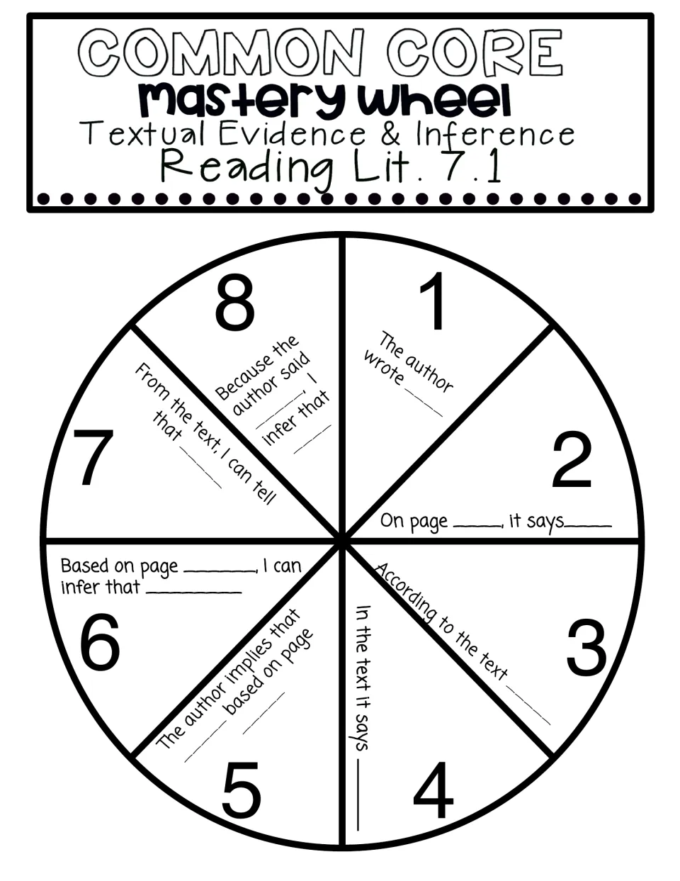 Textual evidence and inference wheel, Reading Lit. 7.1: eight numbered sentence starters for citing and inferring