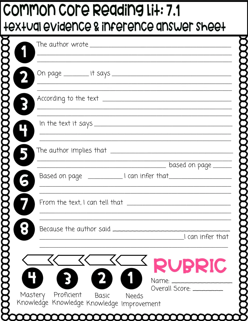 Reading Lit 7.1 answer sheet: students complete eight evidence and inference sentence stems, scored on a 4-point rubric