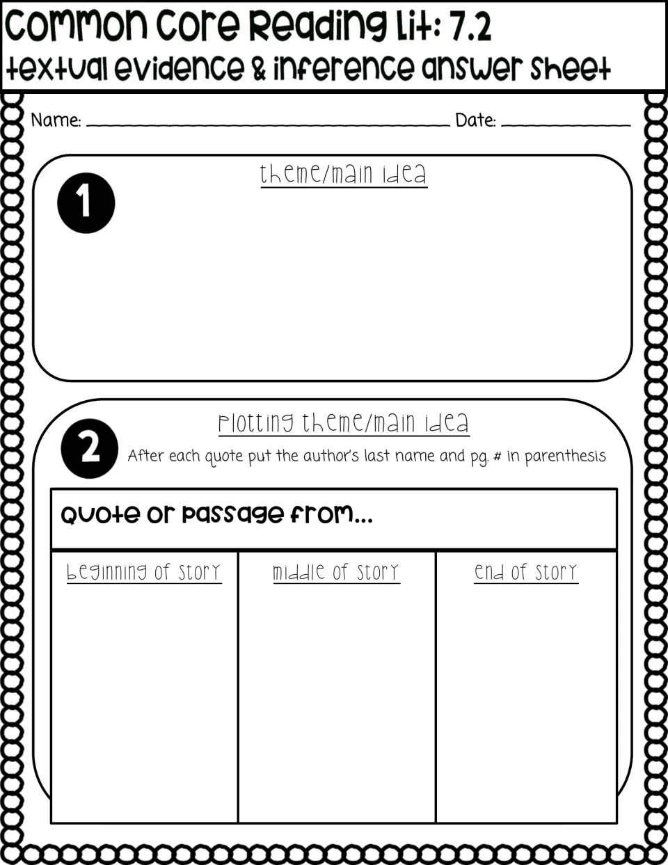 Reading Lit 7.2 answer sheet: students state the theme, then cite quotes from the beginning, middle and end of the story