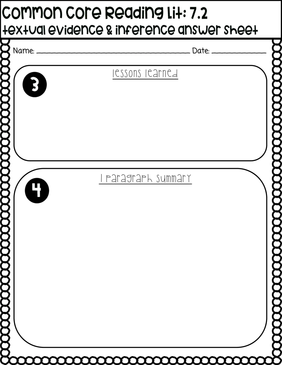 Reading Lit 7.2 response page: students write the lessons learned from the story and a one-paragraph summary of it