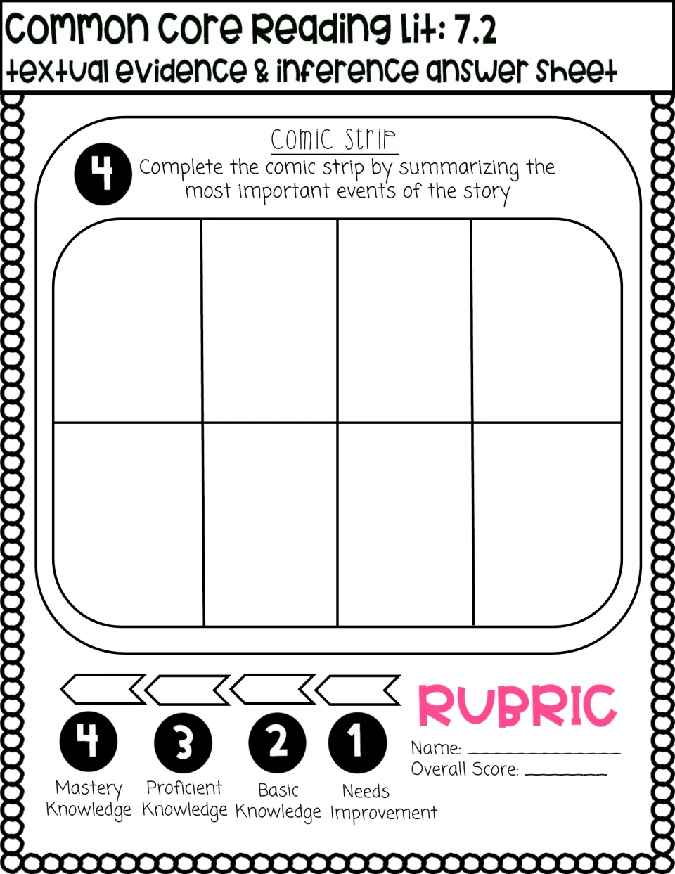 Comic strip summary: students draw and summarize the most important story events in eight panels, scored with a rubric