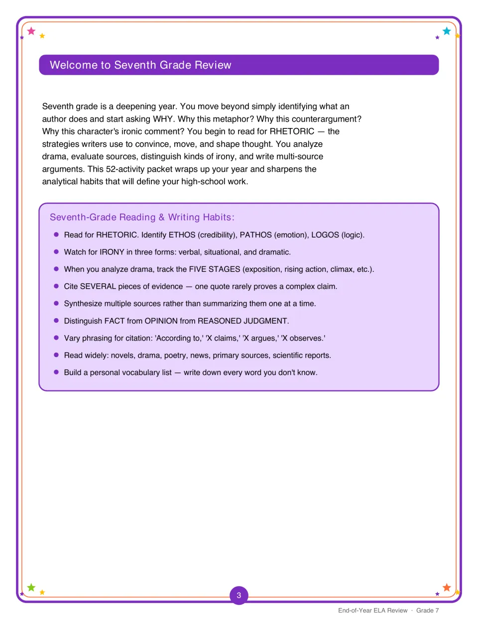 Welcome page on seventh-grade reading habits: ethos, pathos, logos, three kinds of irony, drama stages and synthesis