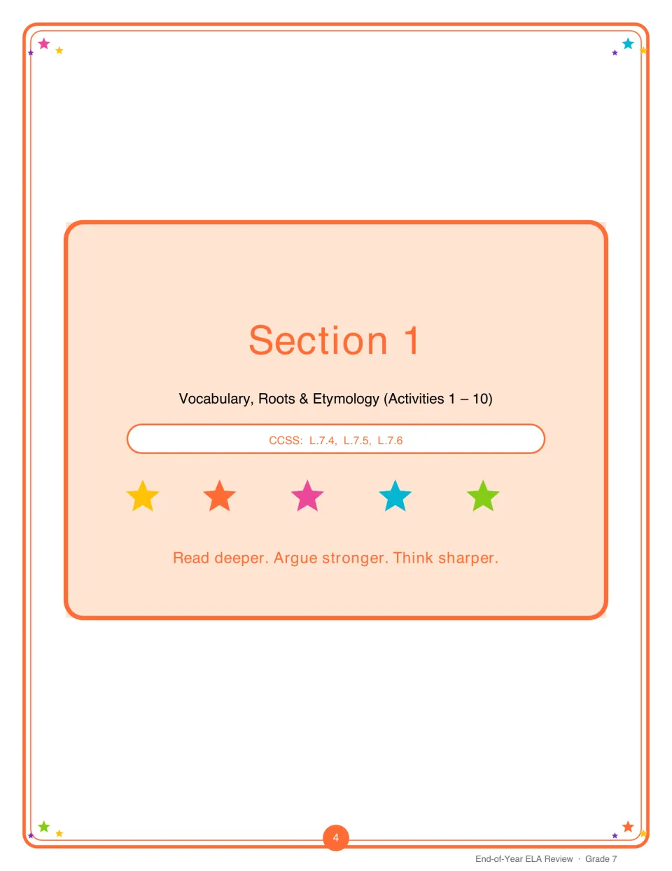 Section 1 divider: Vocabulary, Roots & Etymology, Activities 1 to 10, listing Common Core L.7.4, L.7.5 and L.7.6