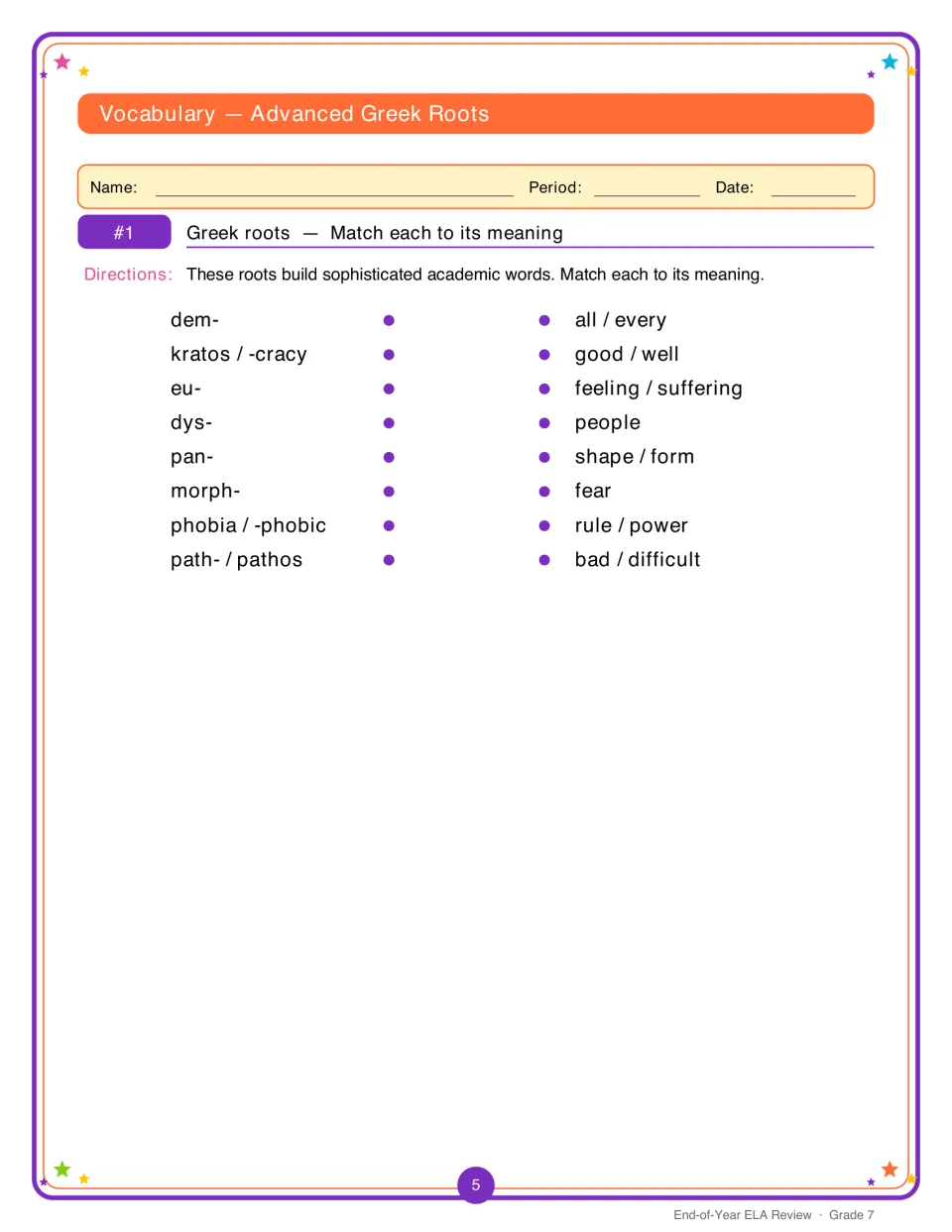 Greek roots matching: students connect dem-, eu-, dys-, pan-, morph-, phobia and path- to meanings like people and fear