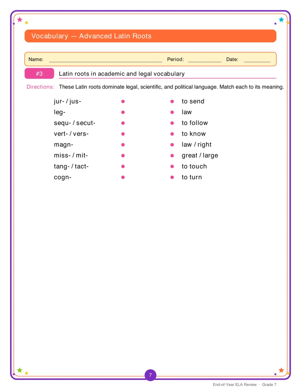 Latin roots matching: students pair jur-, leg-, sequ-, vert-, magn-, miss-, tang- and cogn- with meanings like to send
