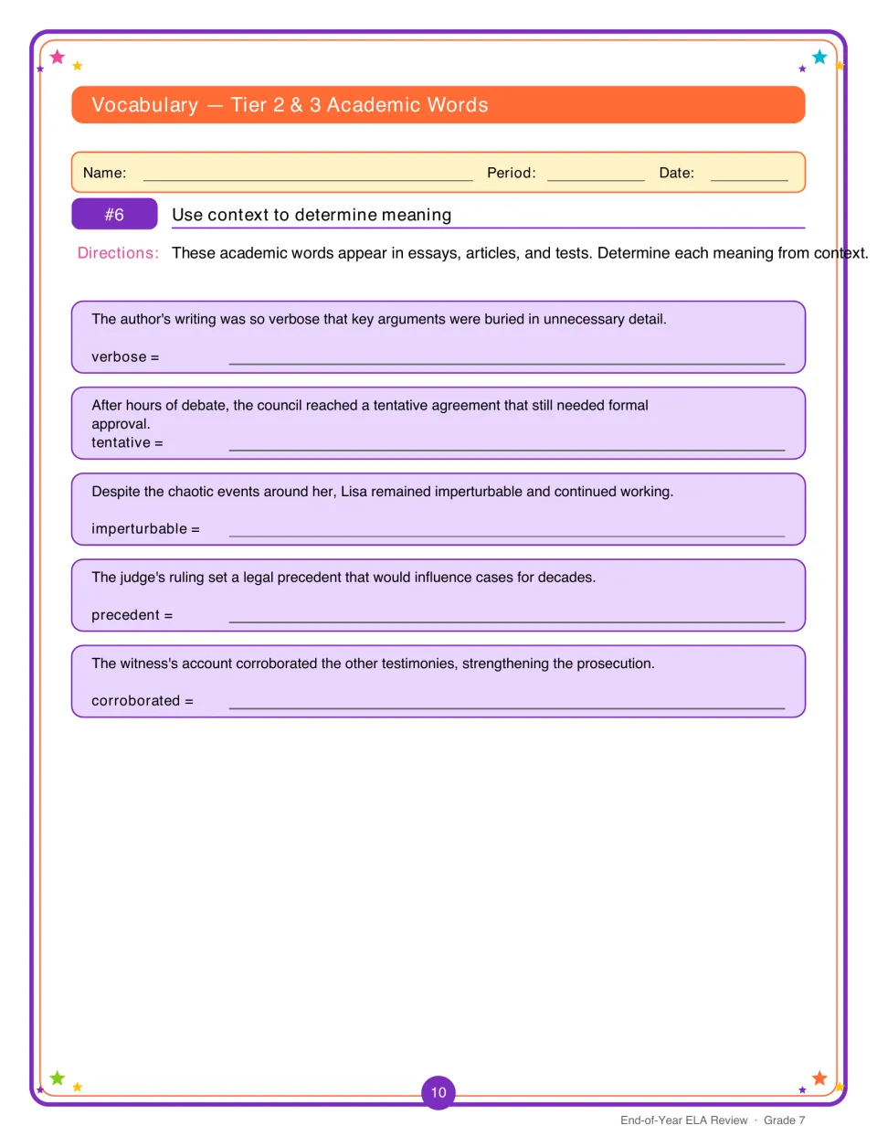 Context clues for academic words: students define verbose, tentative, imperturbable, precedent and corroborated