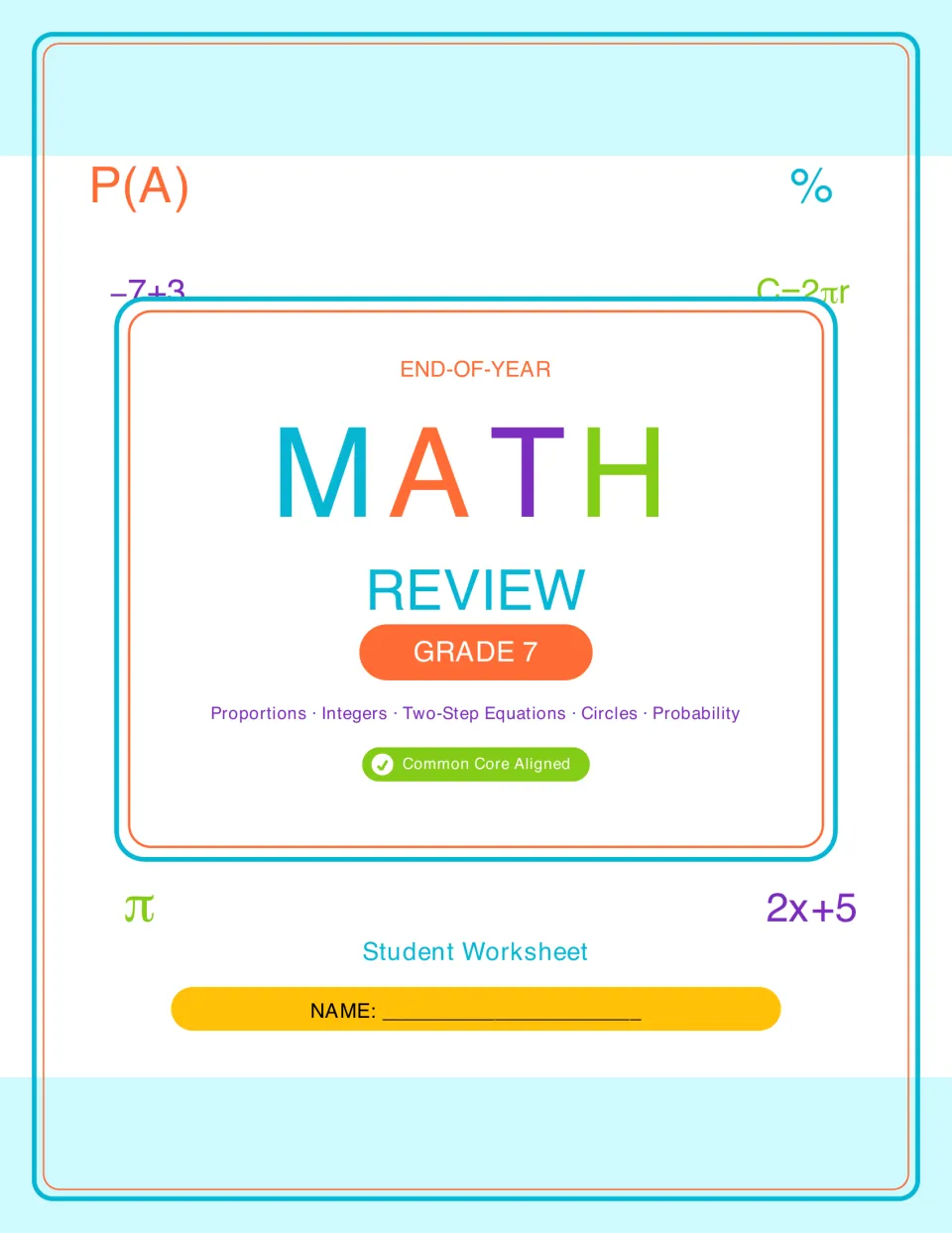 End-of-Year Math Review Grade 7 cover listing proportions, integers, two-step equations, circles and probability