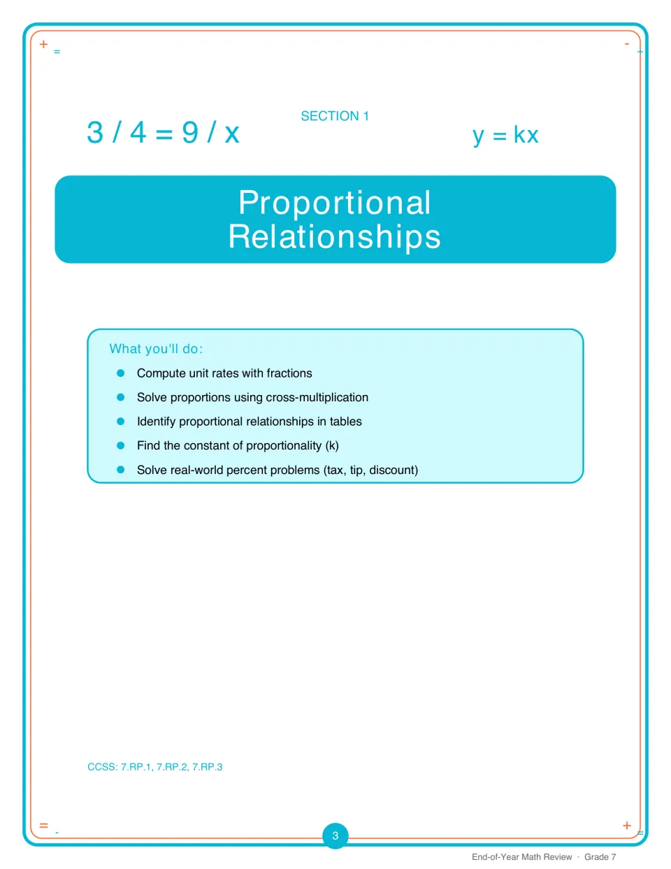 Section 1 opener, Proportional Relationships: unit rates, cross-multiplication, tables, constant k and percent problems