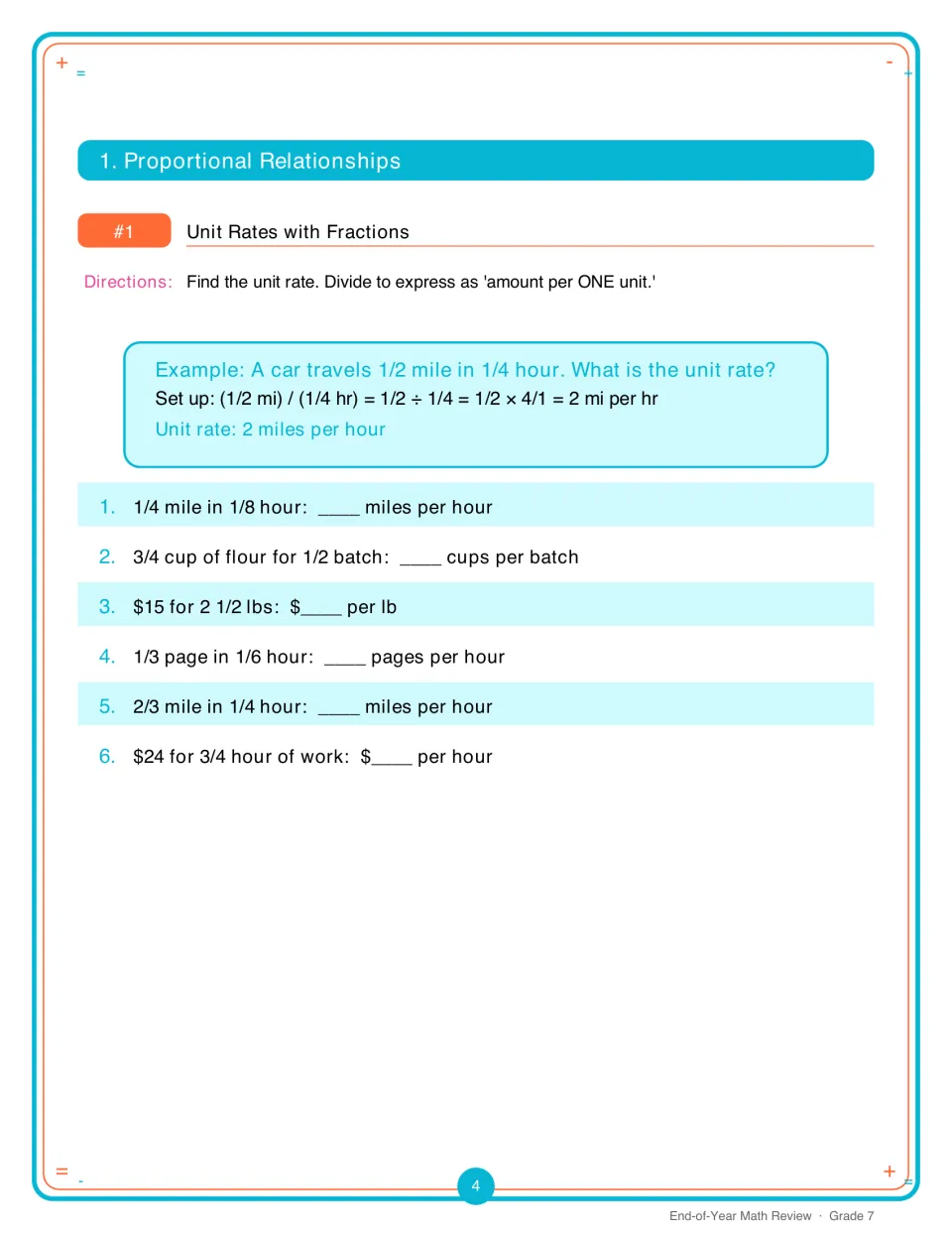 Unit rates with fractions: students divide to find the rate per one unit in 6 problems, after a worked car-speed example