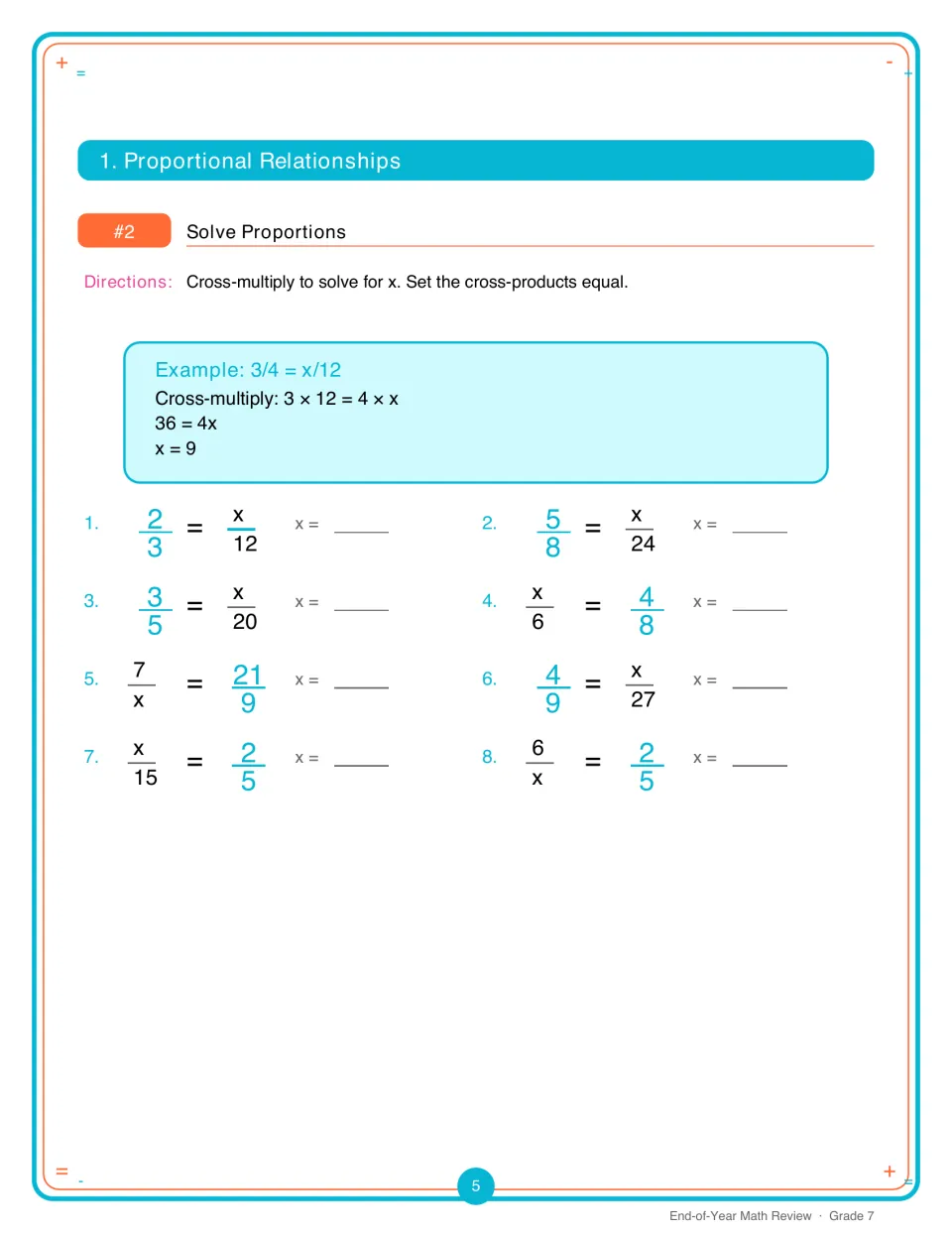 Solving proportions: students cross-multiply to find x in 8 equations such as 2/3 = x/12, following a worked 3/4 = x/12