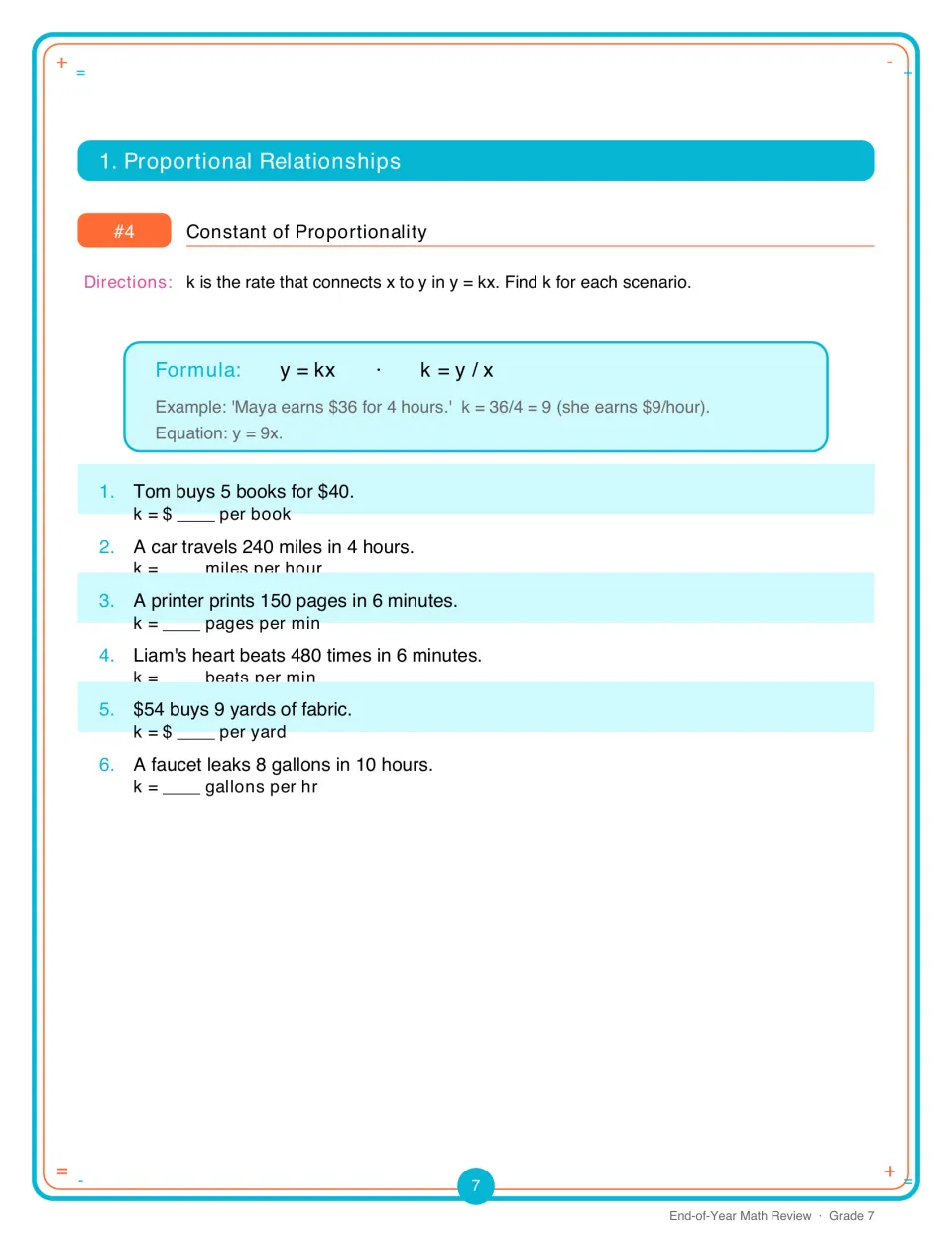 Constant of proportionality: students find k = y/x for 6 word scenarios like 5 books for $40 and 240 miles in 4 hours