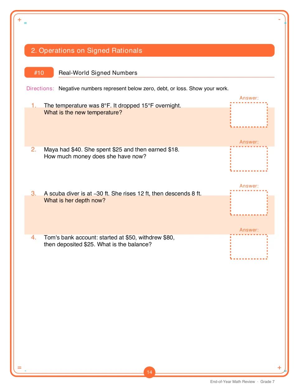 Real-world signed numbers: students solve 4 word problems on temperature drops, money, scuba depth and a bank balance