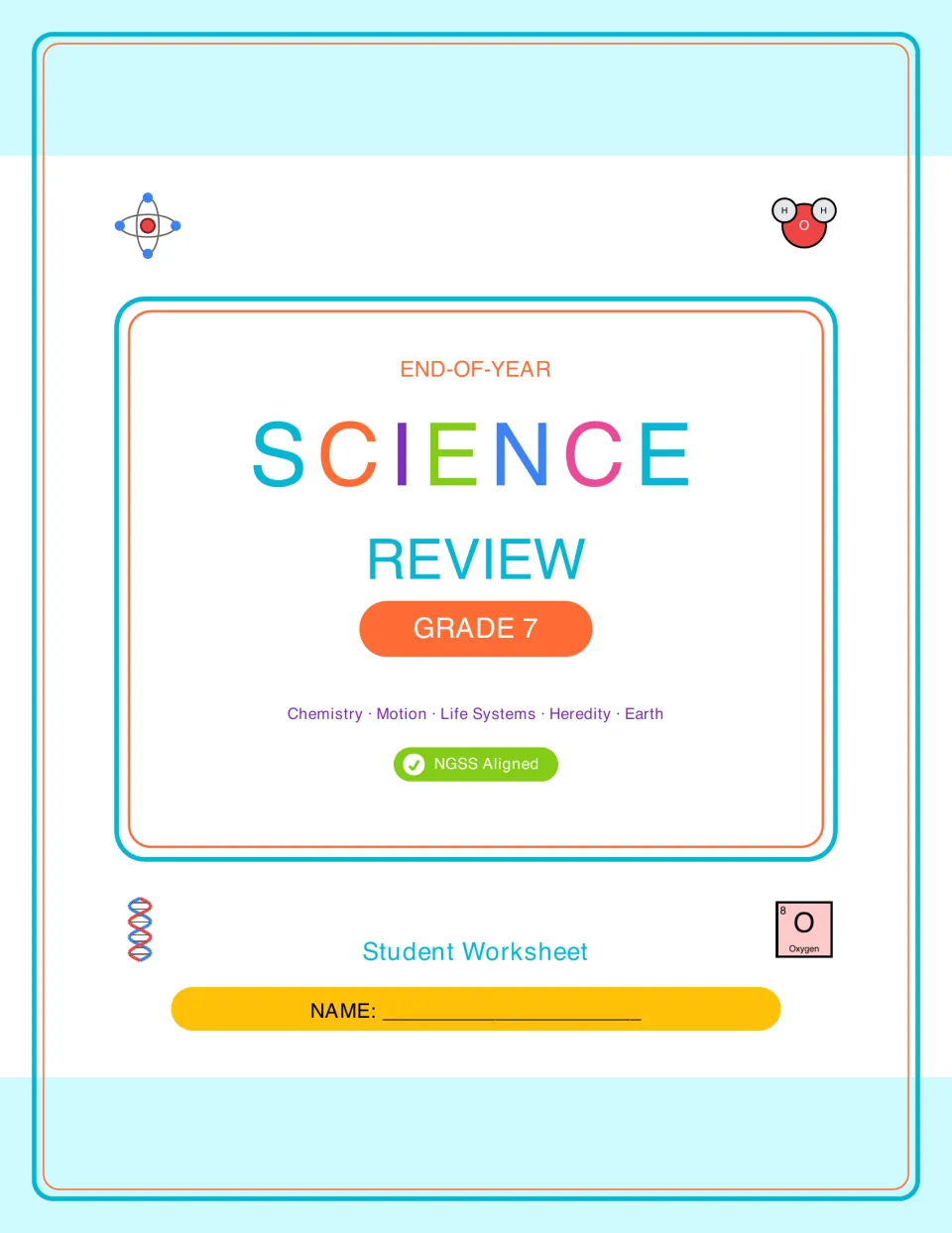 Grade 7 science review workbook cover naming chemistry, motion, life systems, heredity, and Earth topics