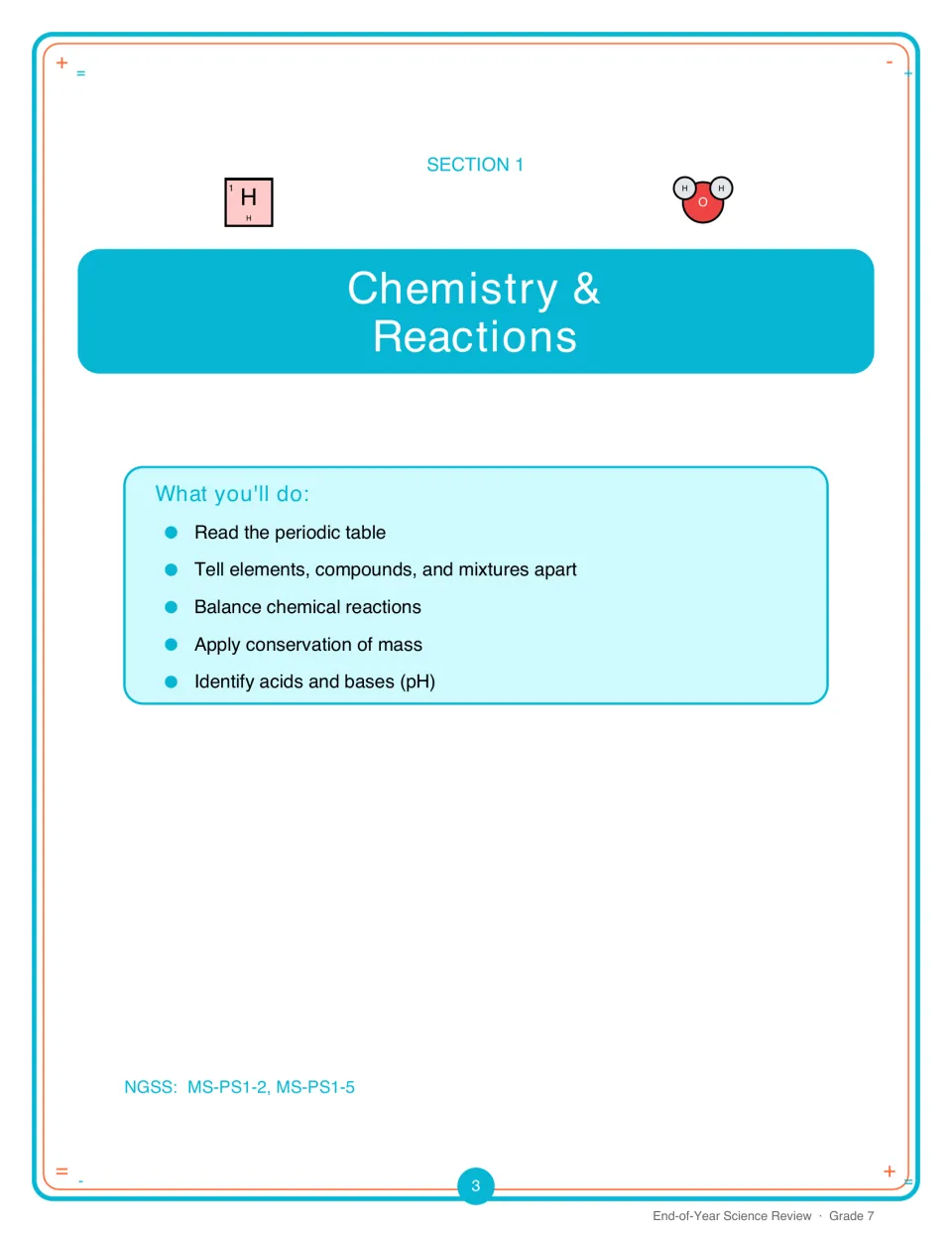 Chemistry and Reactions section opener listing periodic table reading, matter types, reactions, mass, and pH