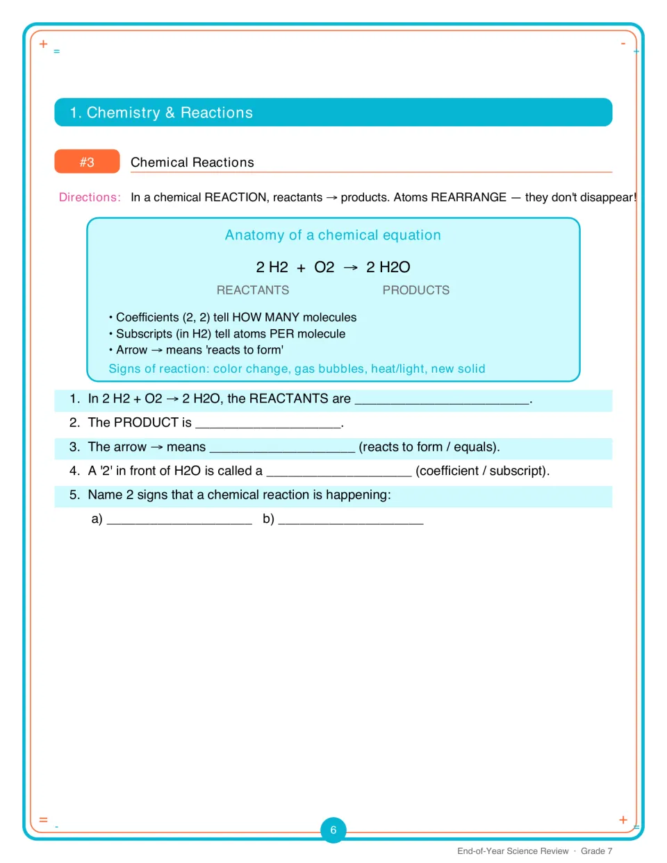 Activity 3: chemical reaction questions on reactants, products, coefficients, arrows, and signs of reaction