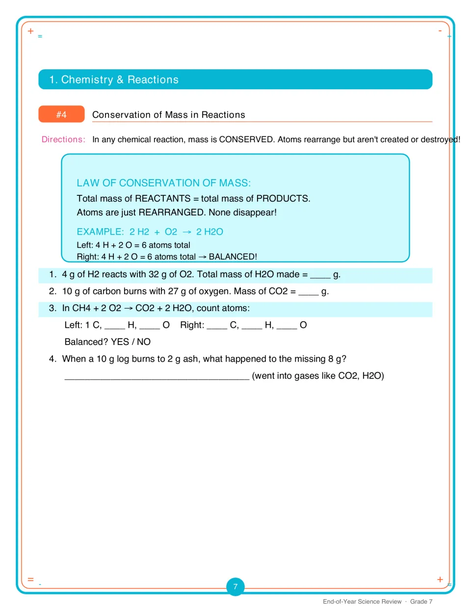Activity 4: conservation of mass practice calculating product mass, counting atoms, and explaining burning