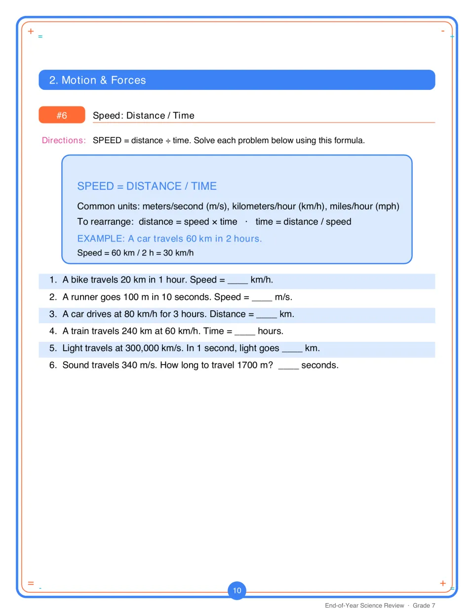 Activity 6: six speed, distance, and time problems using a formula guide and a worked car-travel example