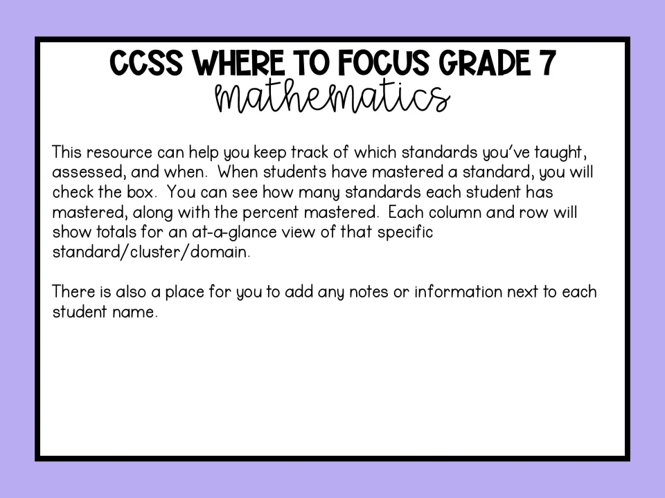 Checklist directions for tracking standards taught, assessed, and mastered, with mastery totals and student notes