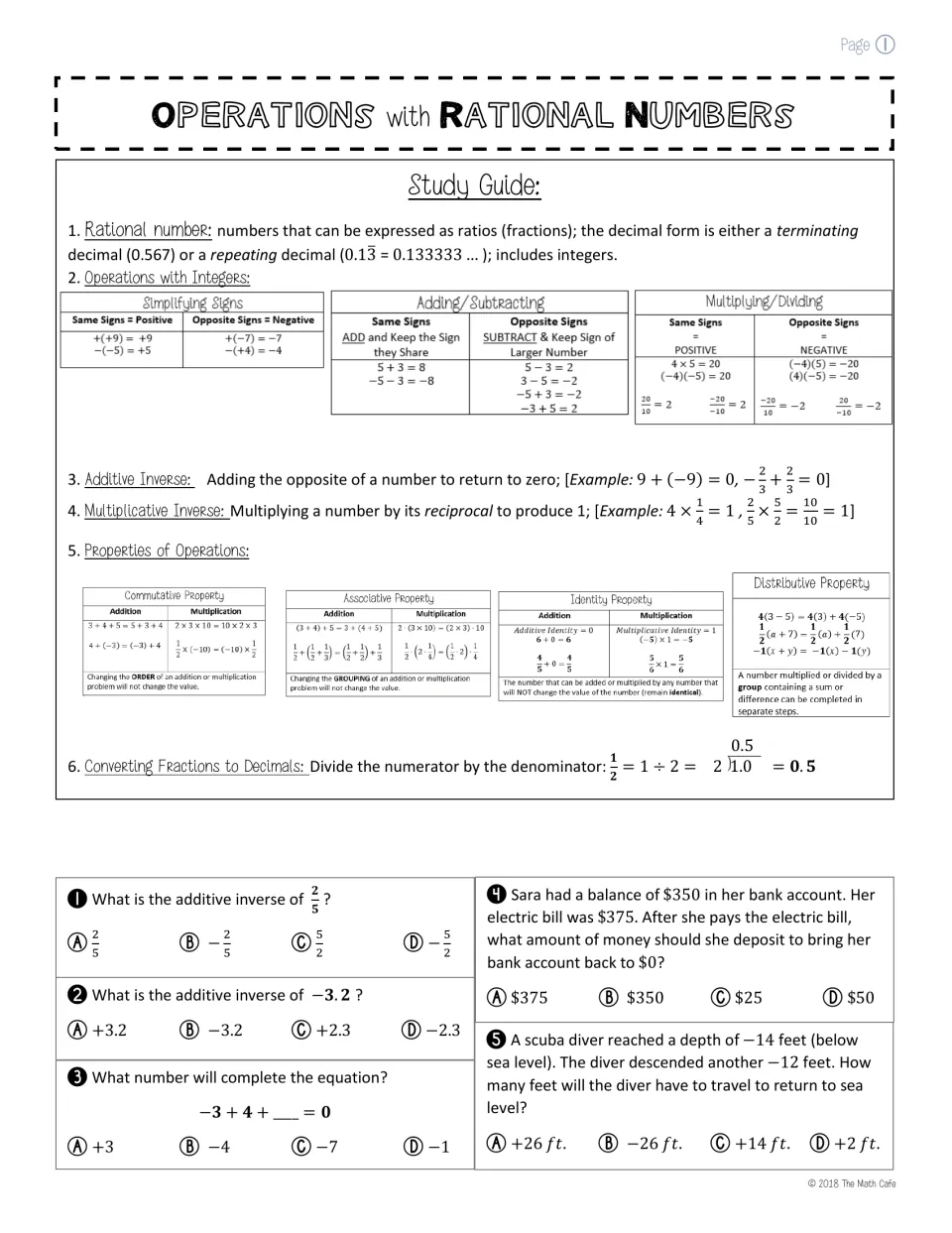 Operations with rational numbers study guide: integer sign rules, inverses and properties, then 5 multiple-choice items