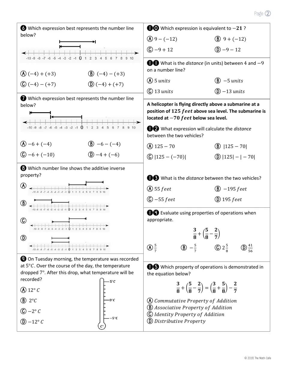 Rational number practice: students match number lines to expressions, find distances and apply properties in items 6-15