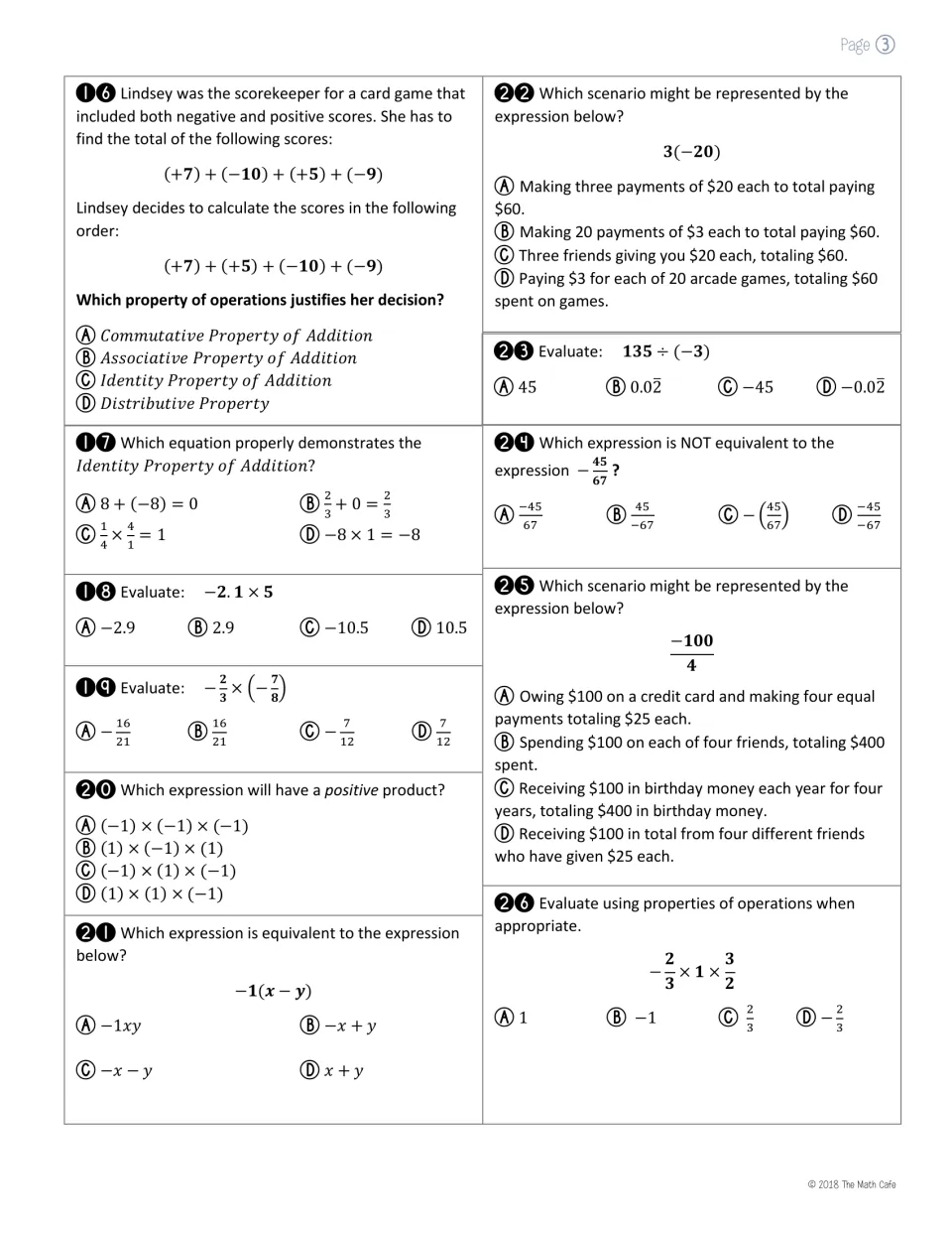 Integer and fraction operations: students evaluate products and quotients and pick matching money scenarios, items 16-26