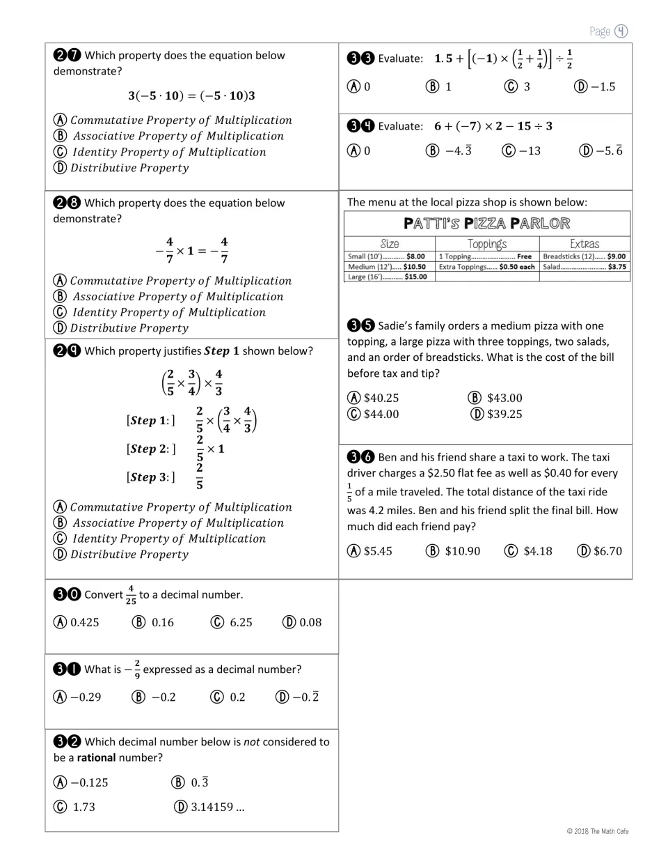 Properties and decimal conversion: students name multiplication properties, convert fractions, solve pizza menu problems