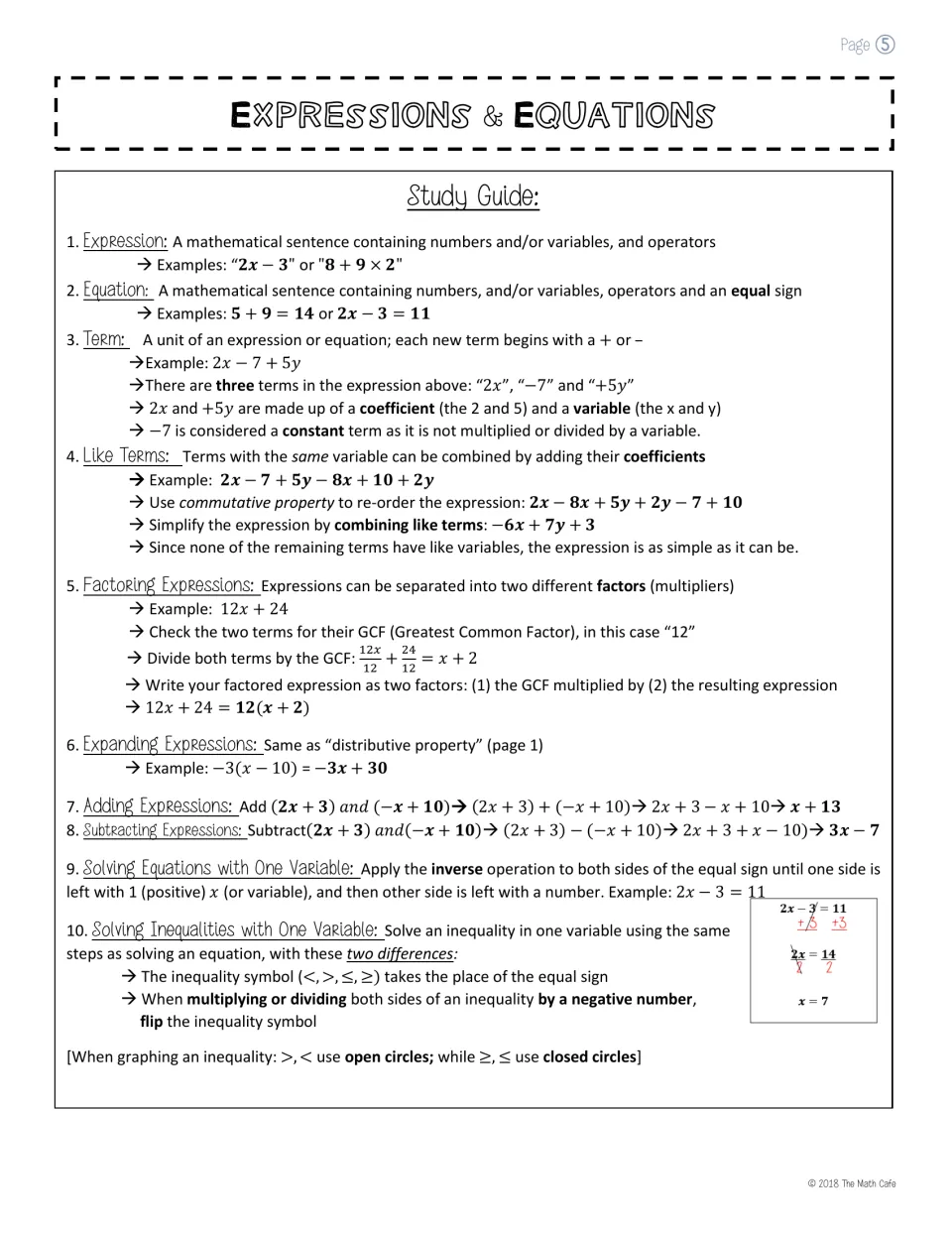 Expressions and equations study guide: terms, like terms, factoring, expanding, and solving equations and inequalities