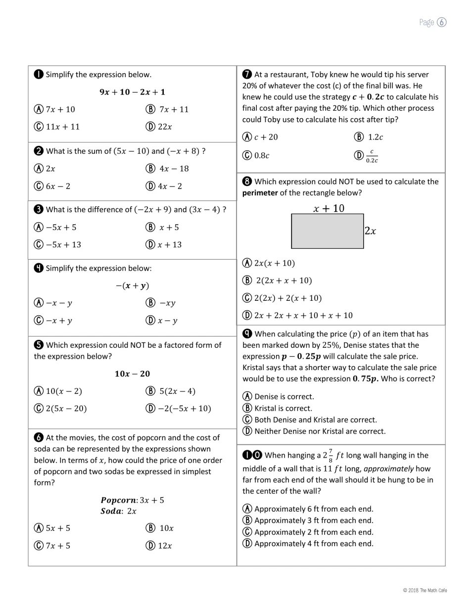 Simplifying expressions: students combine like terms, add, subtract and factor expressions and model tips and perimeter