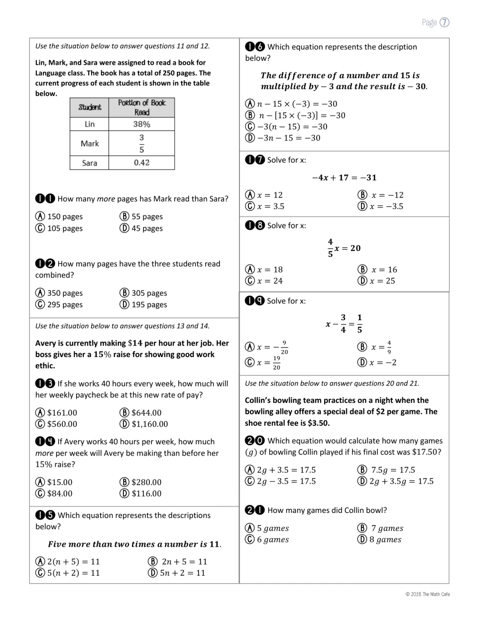 Writing and solving equations: students use a reading table, a pay raise and bowling costs to solve for x in items 11-21