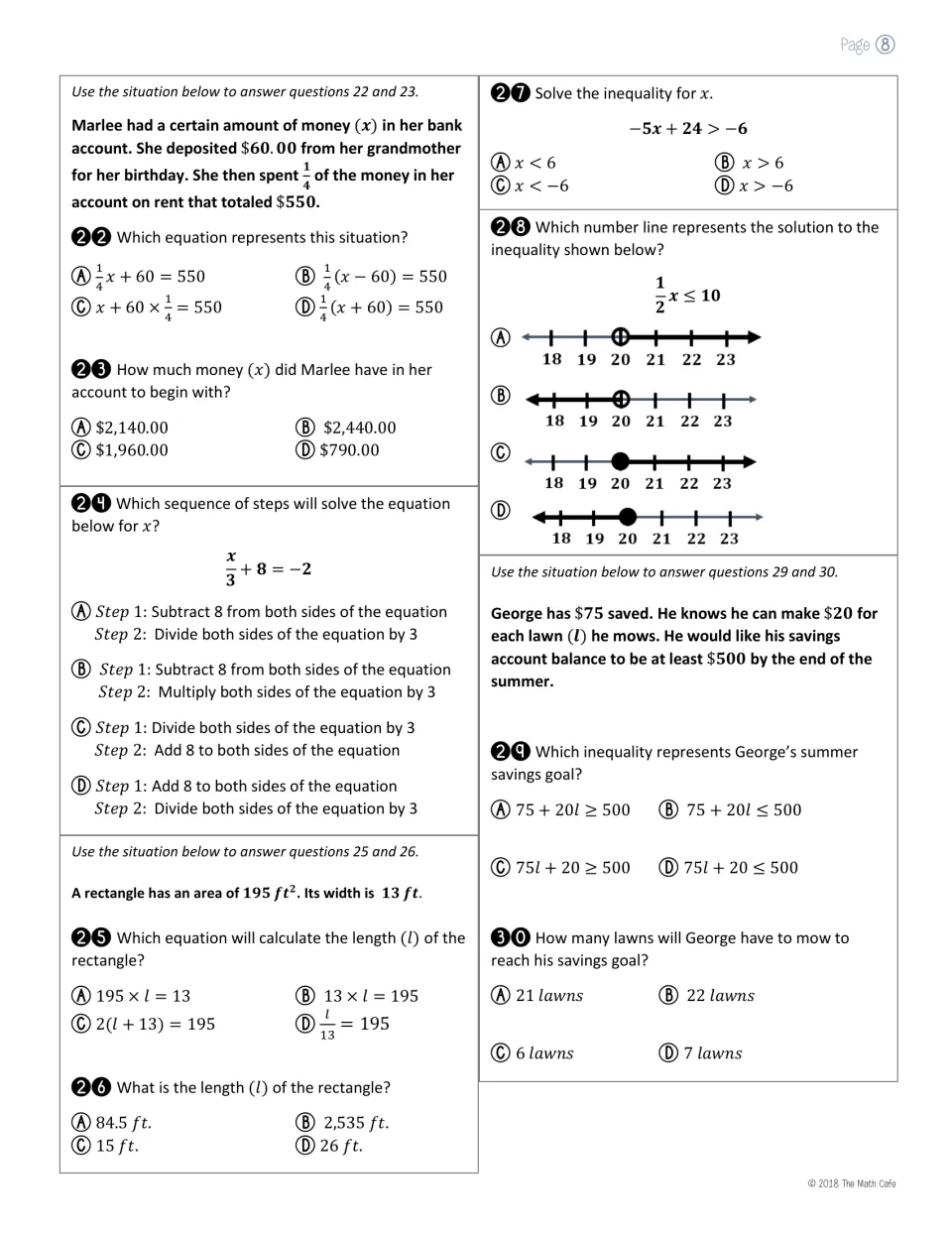 Equations and inequalities: students solve for x, choose number line graphs and write a savings inequality, items 22-30