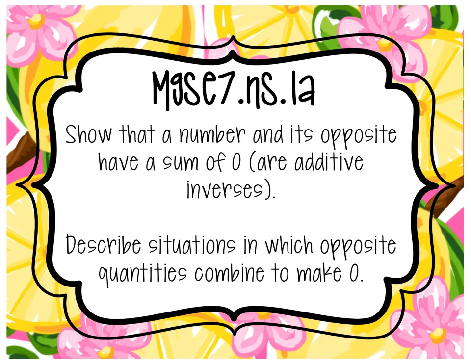 MGSE7.NS.1a poster: show a number and its opposite sum to 0 as additive inverses and describe situations that make 0