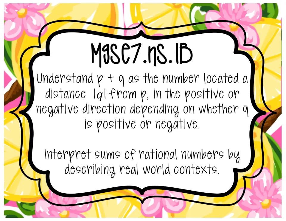 MGSE7.NS.1b poster: p + q as the point |q| from p in the positive or negative direction; interpret sums in real contexts